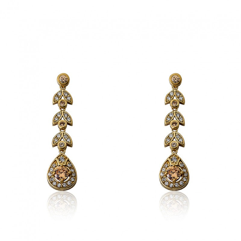 14K Gold Plated ARCTIC MIST Champagne Stones Leaf Design Earrings Wholesale