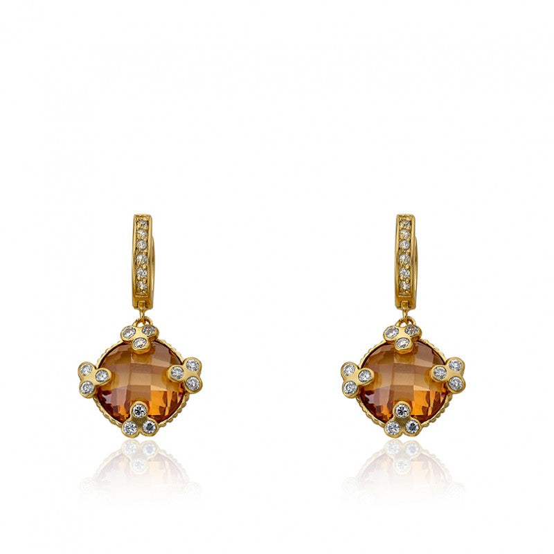 14K Gold Plated ARCTIC MIST Round Champagne Stone CZ Huggy Earrings Wholesale