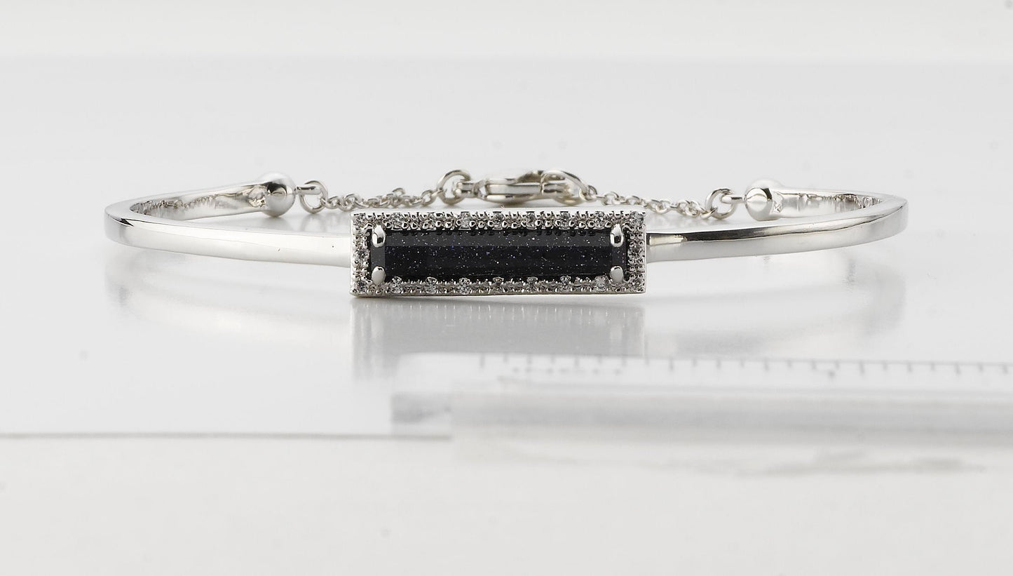 Sand Stone Rhodium Plated and CZ And Blue Stone Rectangle Bangle Wholesale