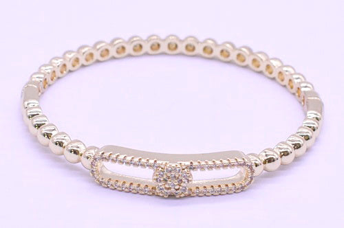 14K Gold Plated Oval Bead Clasped Bangle Accented With Cz Flower Bar Center Wholesale