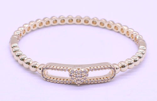 14K Gold Plated Oval Bead Clasped Bangle Accented With Cz Heart Bar Center Wholesale