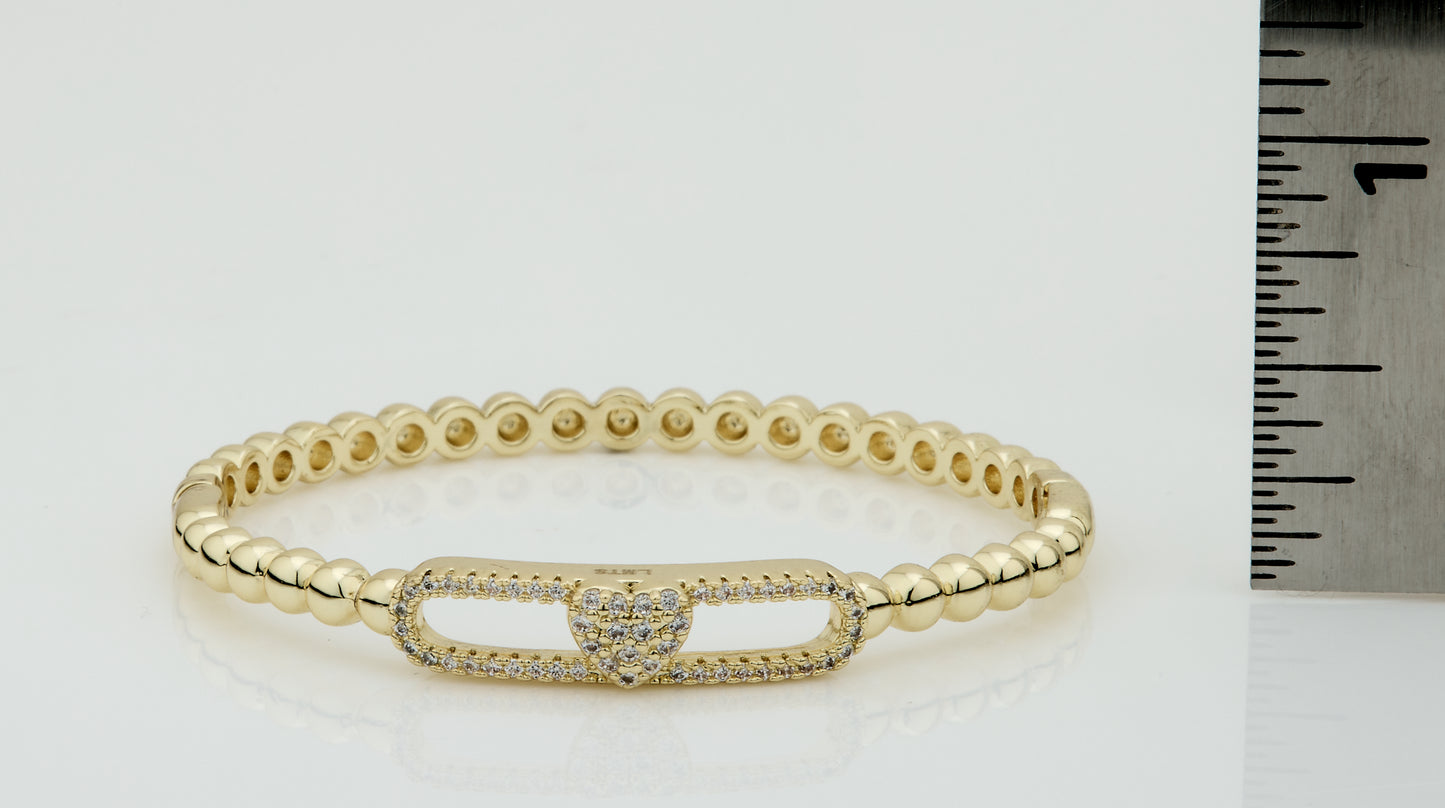 14K Gold Plated Oval Bead Clasped Bangle Accented With Cz Heart Bar Center Wholesale