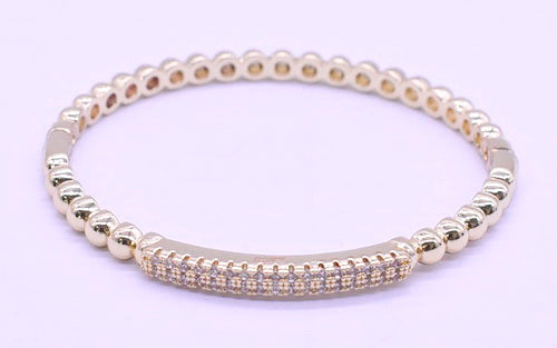 14K Gold Plated Oval Bead Clasped Bangle Accented With Cz Bar Center Wholesale