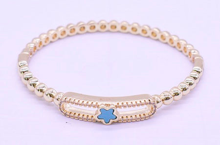 14K Gold Plated Oval Bead Clasped Bangle Accented With Cz & Mother Of Pearl Flower Bar Center Wholesale