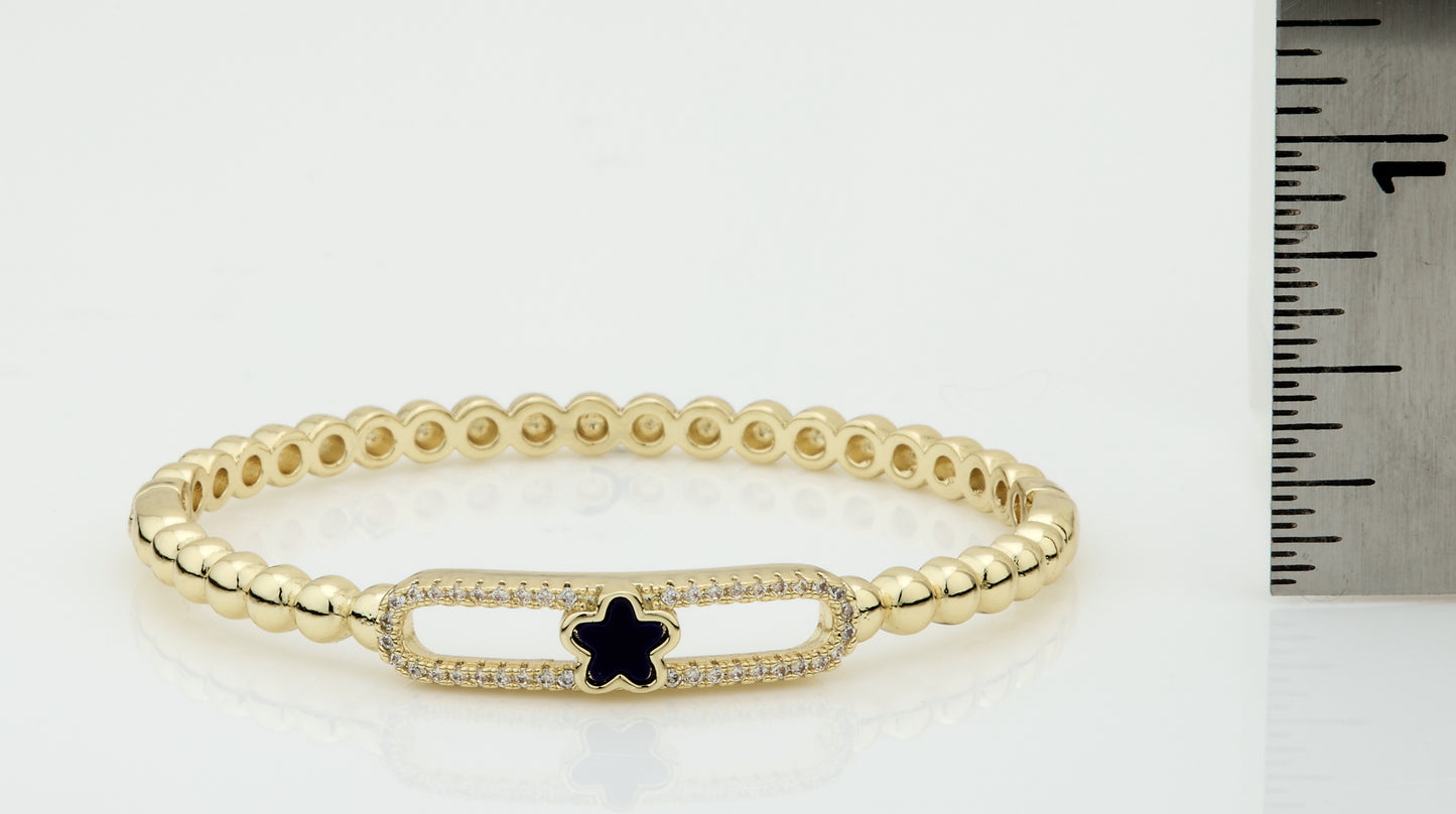 14K Gold Plated Oval Bead Clasped Bangle Accented With Cz & Mother Of Pearl Flower Bar Center Wholesale