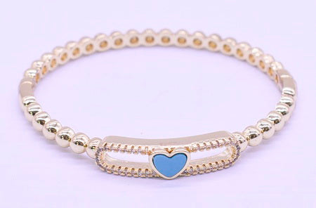 14K Gold Plated Oval Bead Clasped Bangle Accented With Cz & Mother Of Pearl Heart Bar Center Wholesale