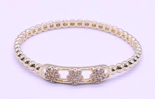 LMTS Classic! 14K Gold Plated Oval Bead Clasped Bangle Accented With 3 Cz Flowers Bar Center Wholesale