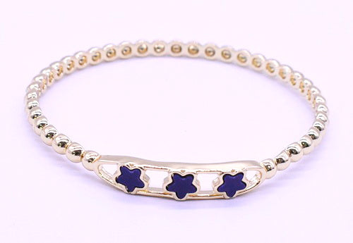 14K Gold Plated Oval Bead Clasped Bangle Accented With 3 Mother Of Pearl Flowers Bar Center Wholesale