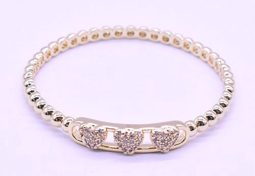 14K Gold Plated Oval Bead Clasped Bangle Accented With 3 Cz Hearts Bar Center Wholesale