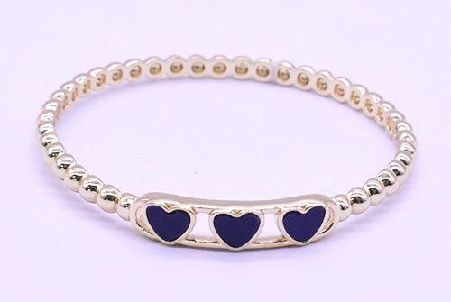 14K Gold Plated Oval Bead Clasped Bangle Accented With 3 Mother Of Pearl Hearts Bar Center Wholesale