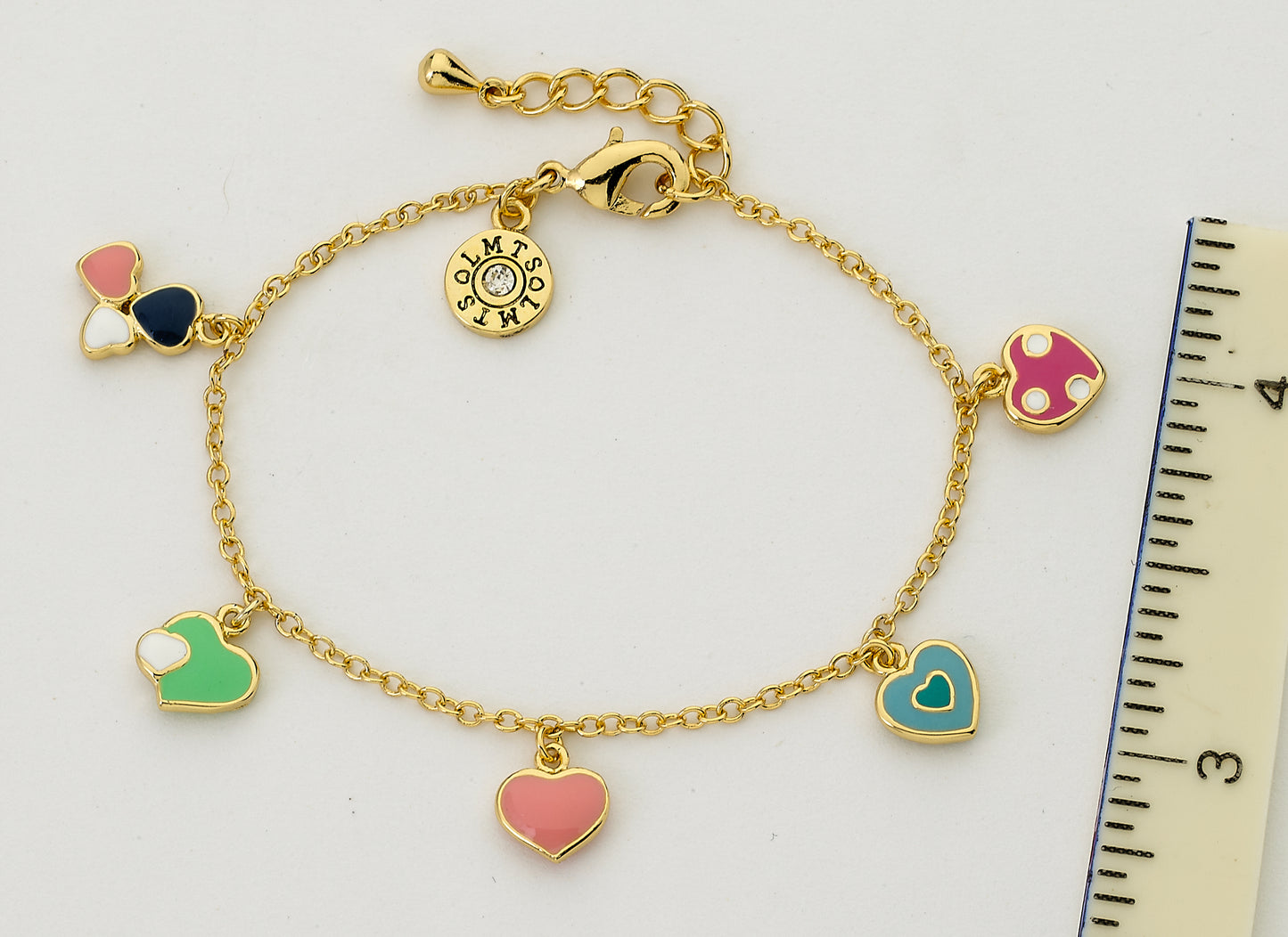 14k Gold Plated I LOVE MY JEWELS Multi Color Enamel Assorted Hearts Charm Bracelet