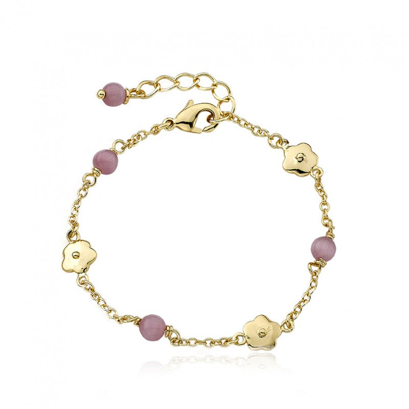 14k Gold Plated CAT EYE Bracelet with Flowers and Pink Cat Eye Balls Wholesale