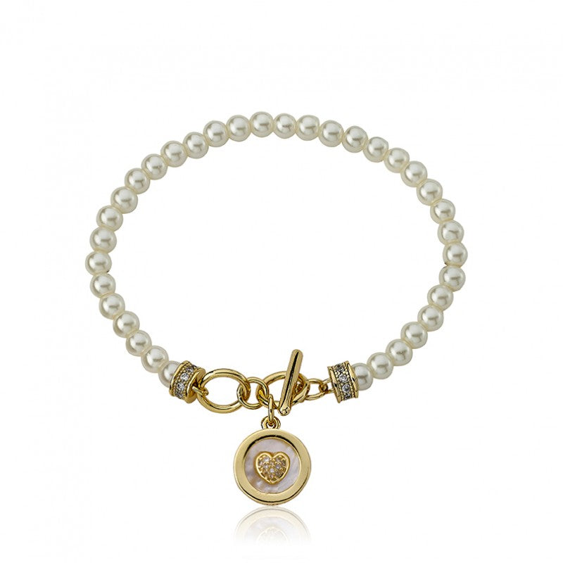 14k Gold Plated LITTLE MISS FLOWER GIRL Pearl Bracelet with MOP Heart Charm Wholesale
