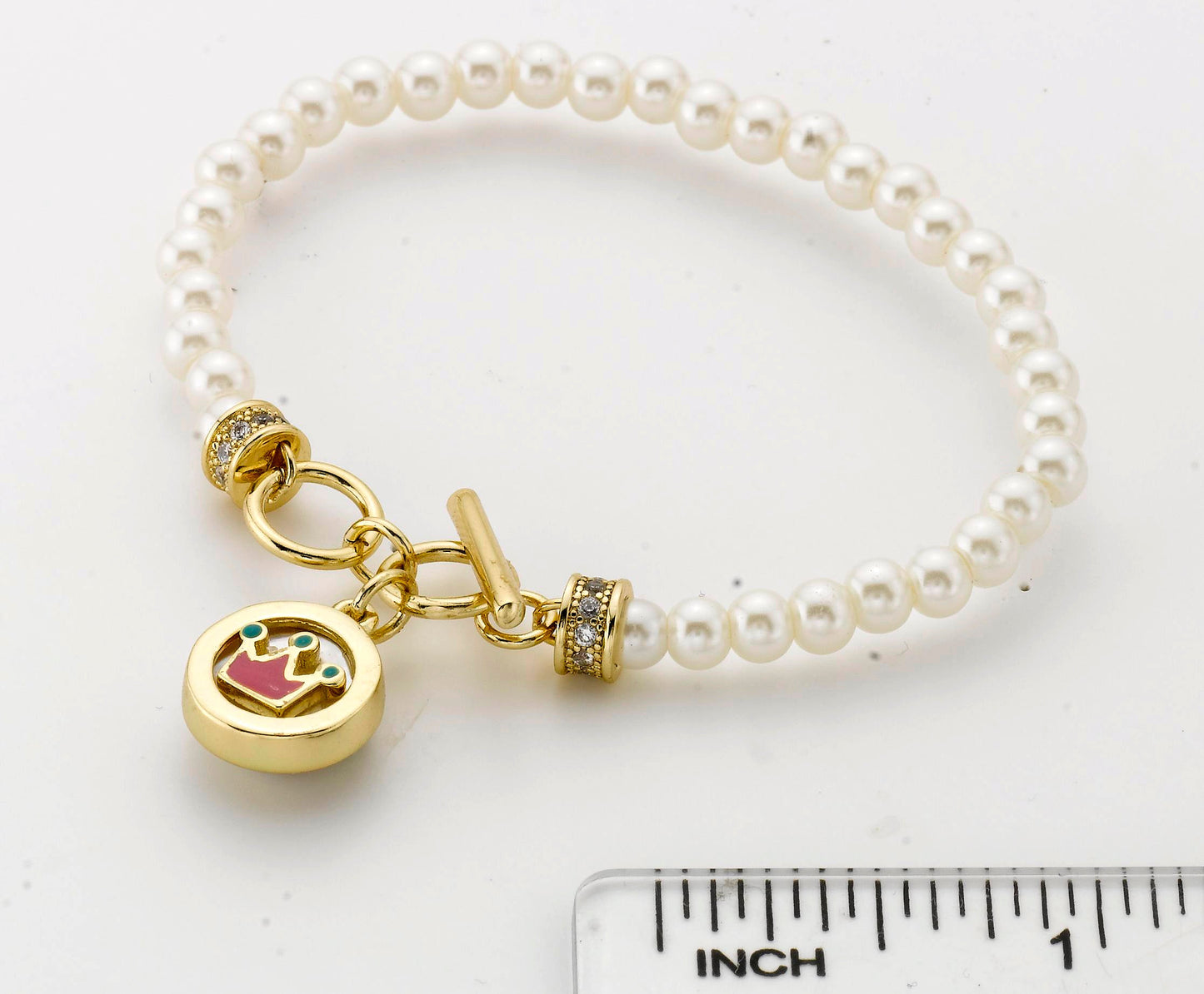 14k Gold Plated LITTLE MISS FLOWER GIRL Pearl Bracelet with Crown Charm Wholesale
