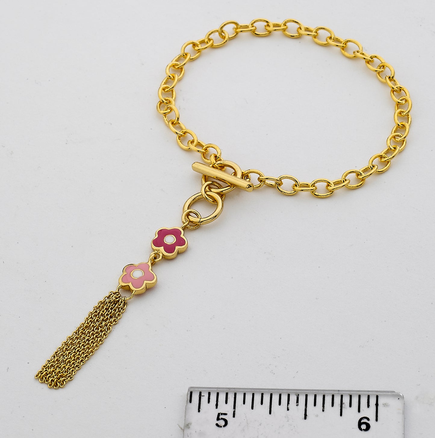 14k Gold Plated FROSTED FLOWERS Pink Tassel Bracelet