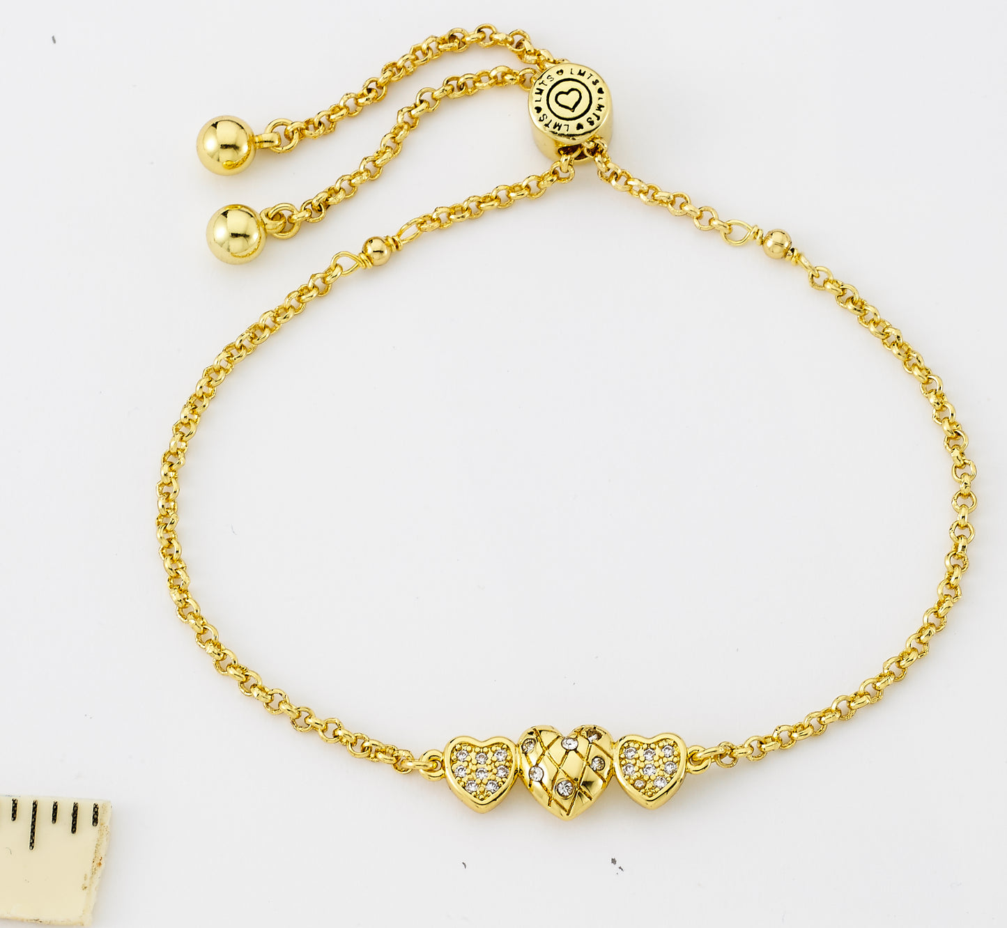 14K Gold Plated Crystal Quilted & Hearts Expandable Bracelet