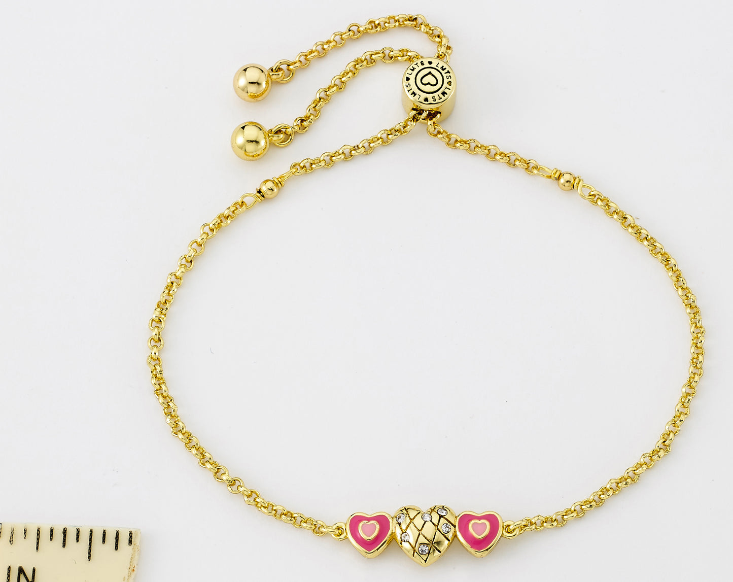 14K Gold Plated Crystal Quilted & Enamel Hearts Expandable Bracelet