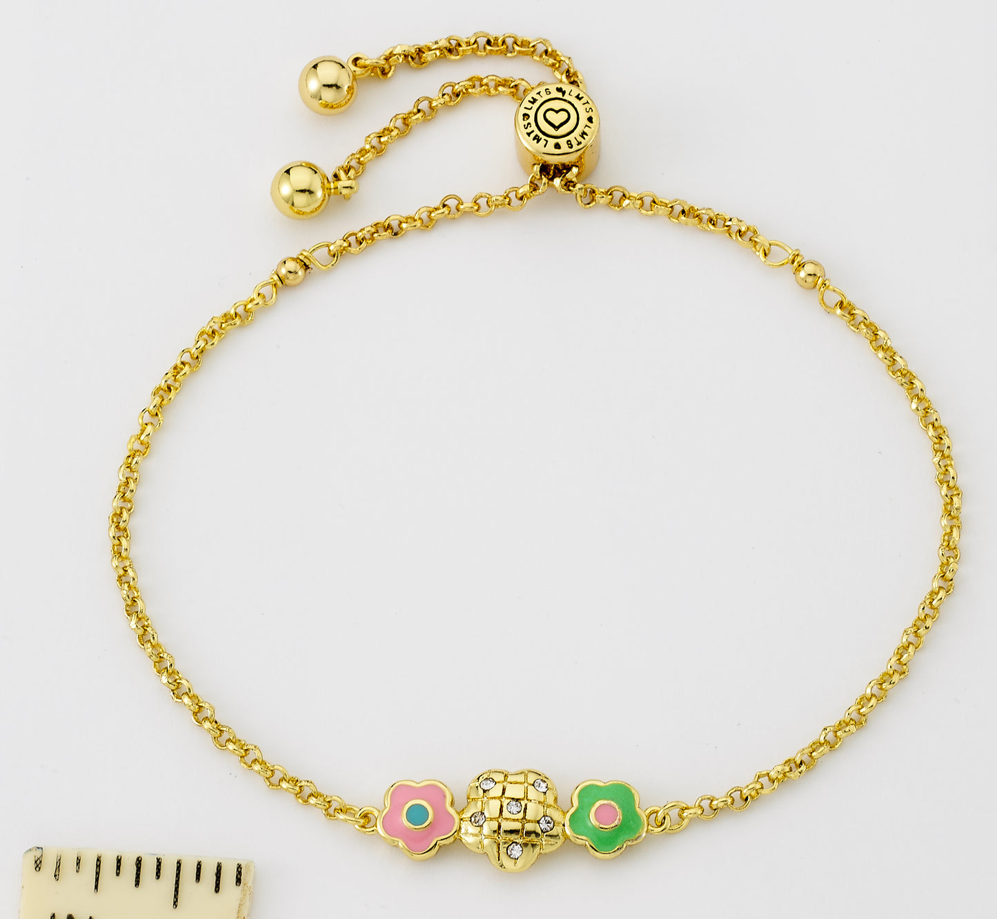 14K Gold Plated Crystal Quilted & Enamel Flowers Expandable Bracelet