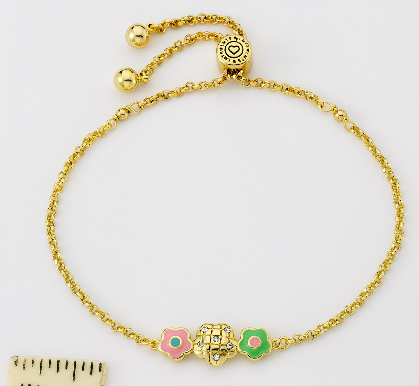 14K Gold Plated Crystal Quilted & Enamel Flowers Expandable Bracelet Wholesale