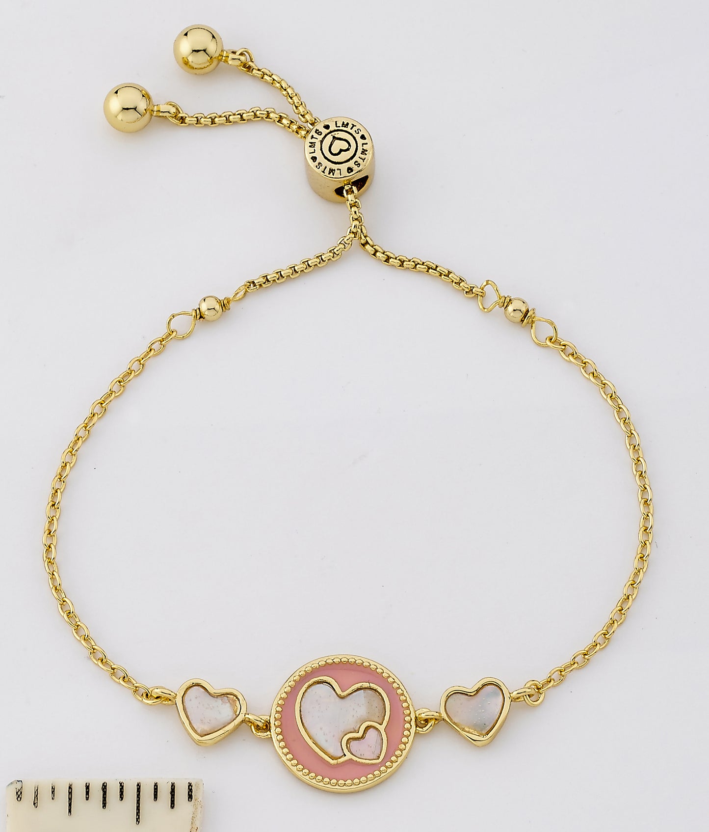 14K Gold Plated Enamel Cut Out Heart Over Mother of Pearl Expandable Bracelet