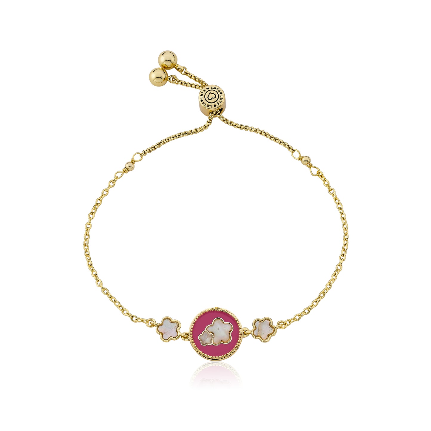 14K Gold Plated Pink Enamel Cut Out Flower Over Mother of Pearl Expandable Bracelet
