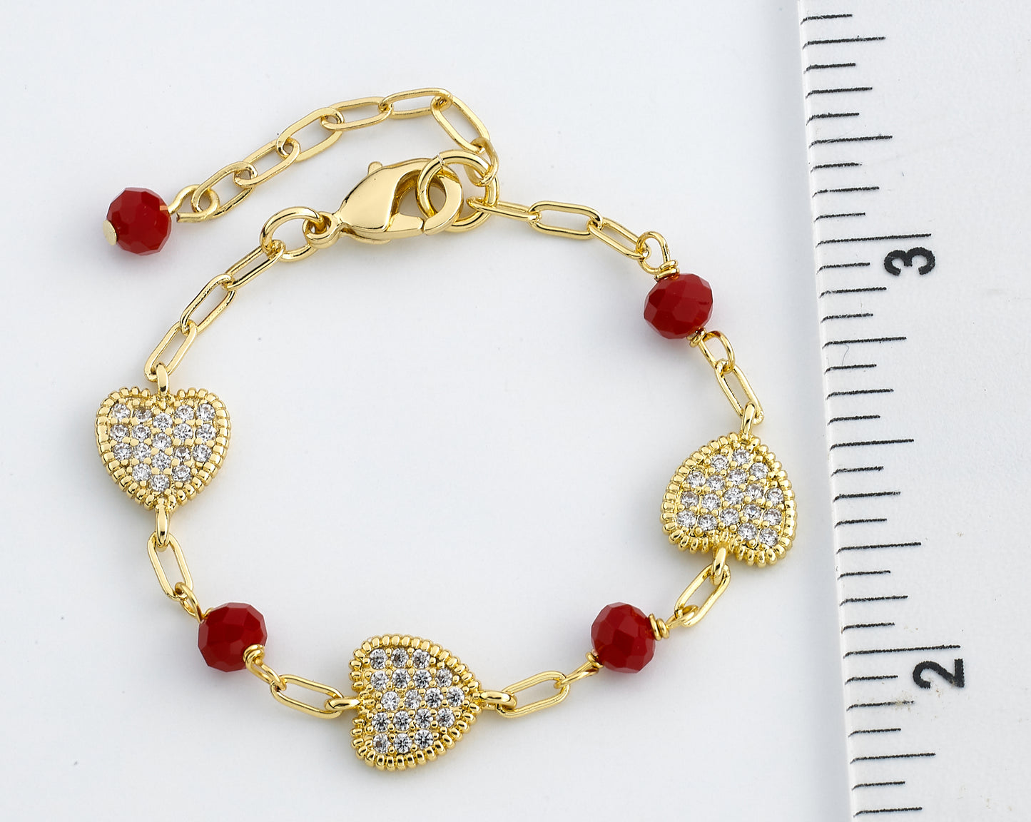 Classic! Paperclip Chain Cz Hearts & Red Bead Bracelet