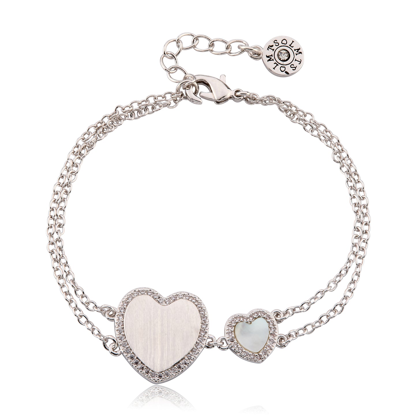 LMTS Classic! Cz Framed Large Heart & Small Heart Double Strand Chain Bracelet