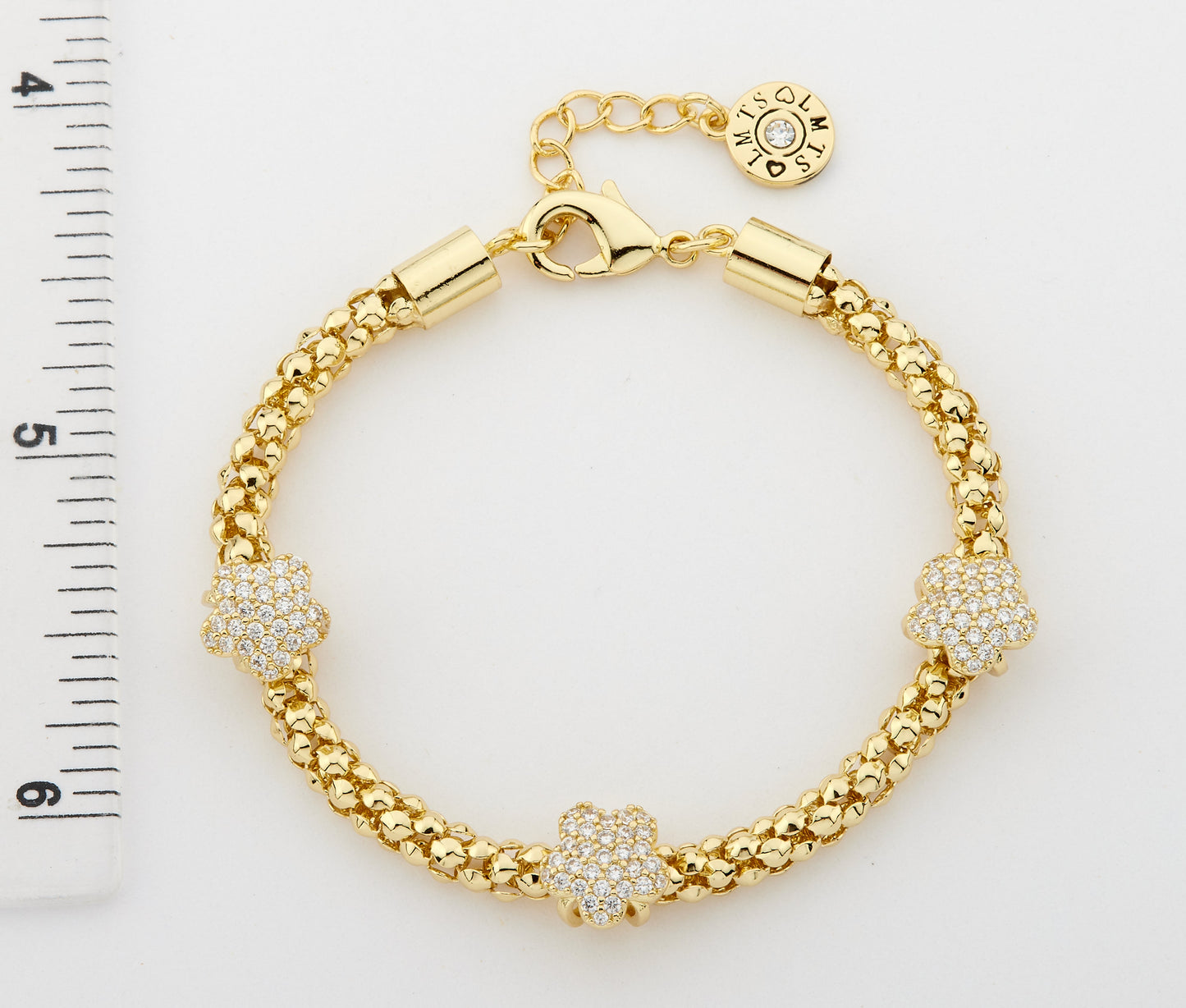 14K Gold Plated Mesh Rope 3 Cz Slide Flowers Bracelet Wholesale