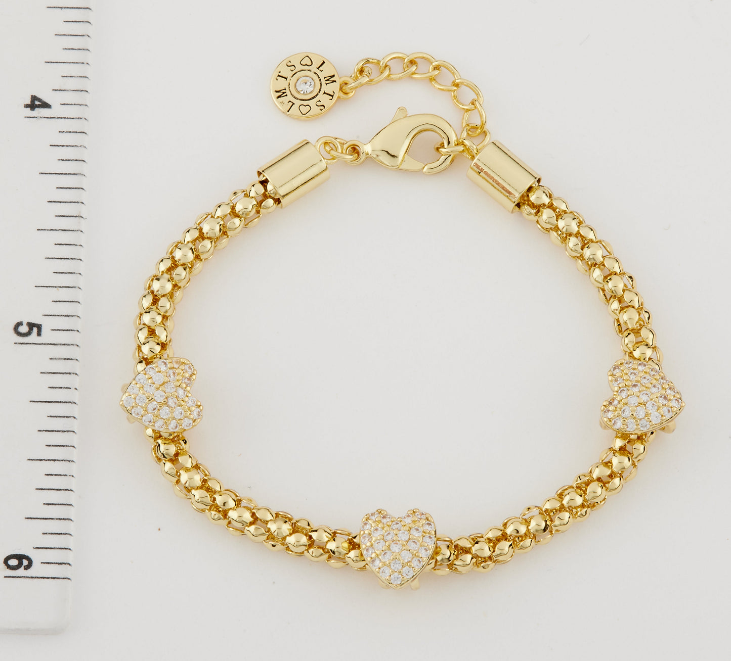 14K Gold Plated Mesh Rope 3 Cz Slide Hearts Bracelet Wholesale