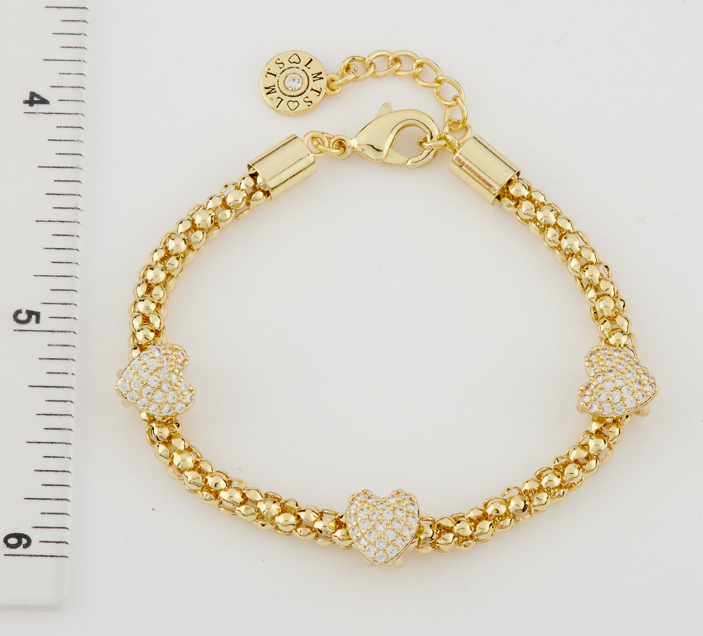 14K Gold Plated Mesh Rope 3 Cz Slide Hearts Bracelet