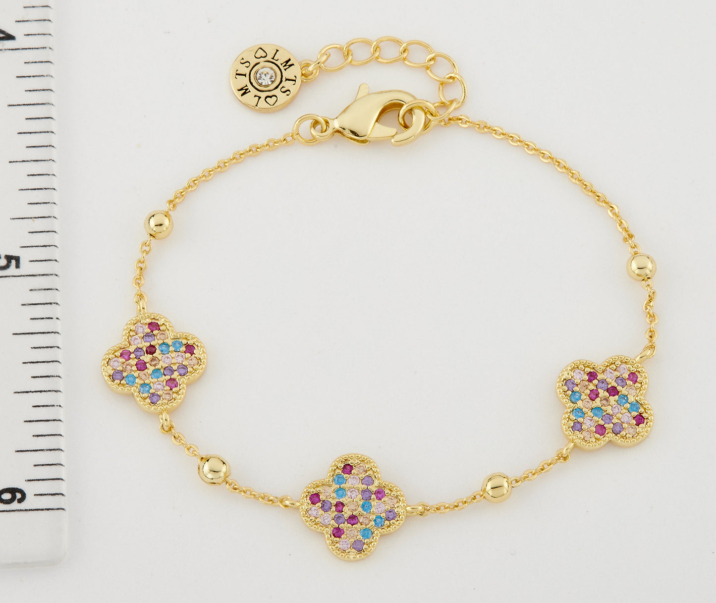 14K Gold Plated 3 Pave CZ Clovers On Bead Chain Bracelet Wholesale