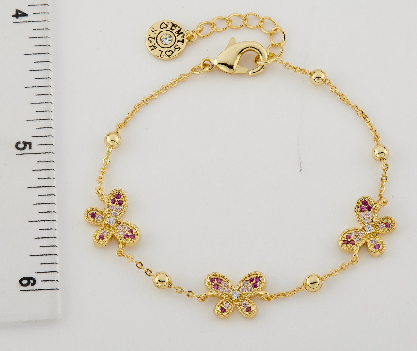 14K Gold Plated 3 Pave Pink CZ Butterflies On Bead Chain Bracelet