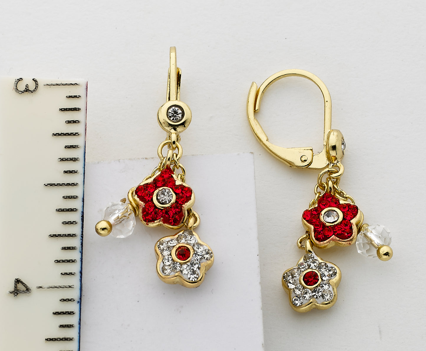 14K Gold Plated FLOWERY GLITZ Crystal 2 Flowers Dangle Earrings