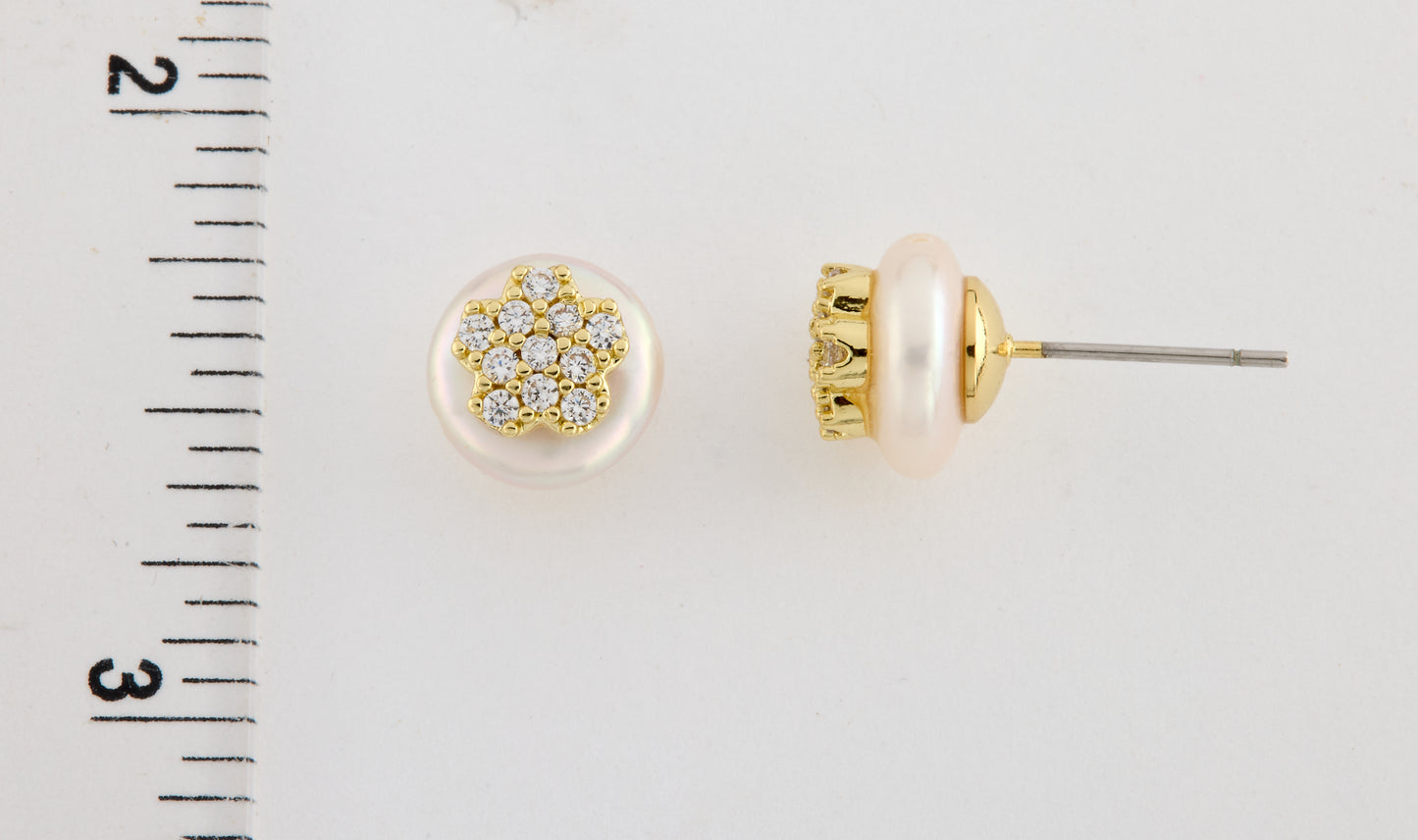 14K Gold Plated Cz Flower Over 10mm Pearl Stud Earring Wholesale
