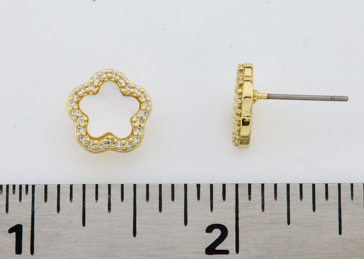14K Gold Plated Cz Framed Mother Of Pearl Flower Stud Earring Wholesale