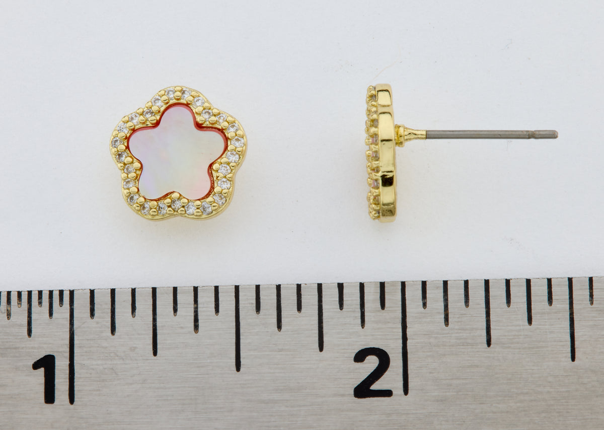 14K Gold Plated Cz Framed Mother Of Pearl Flower Stud Earring