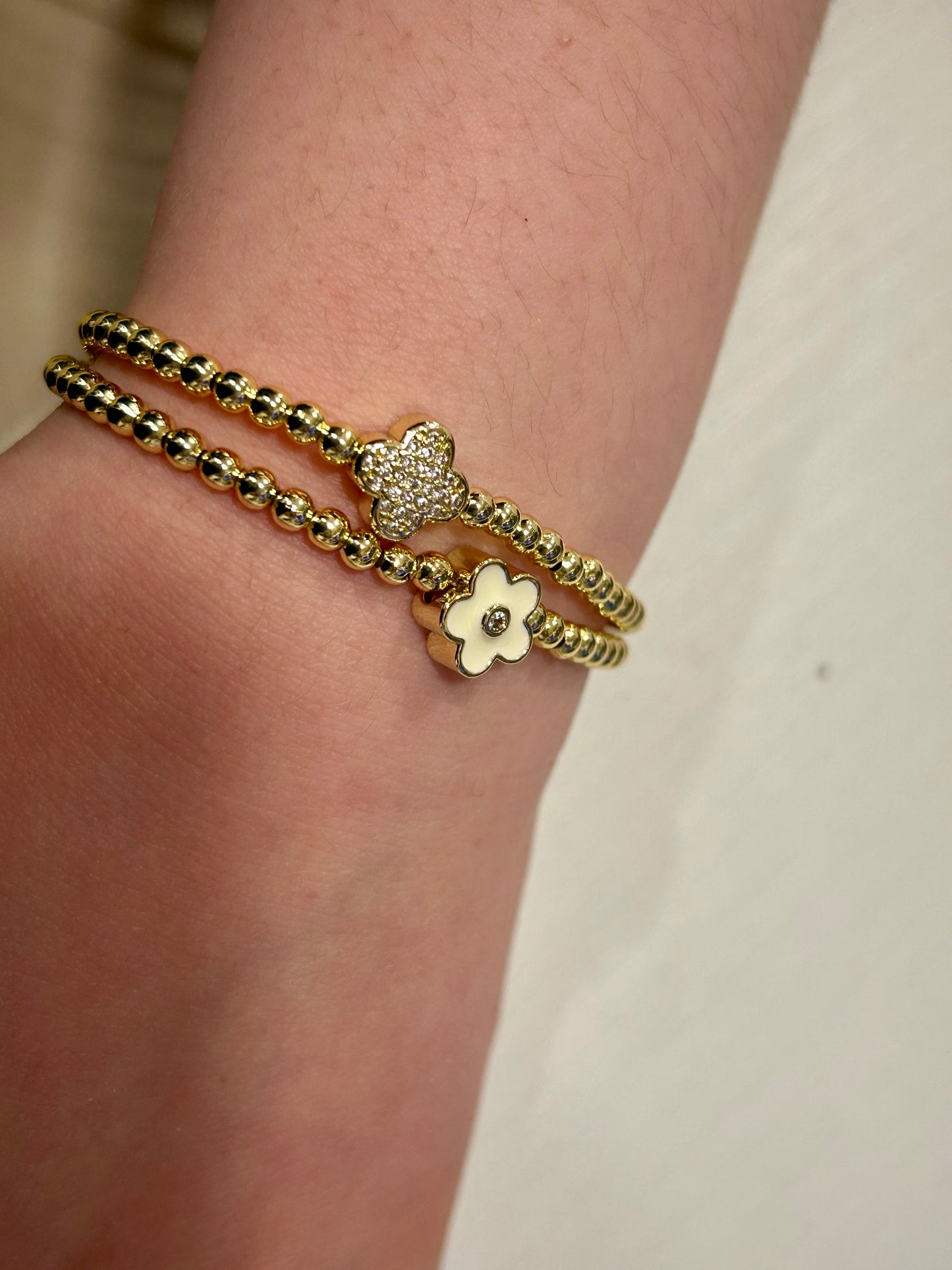 LMTS Classic! 14K Gold Plated Bead & Cz Clover Wire Bracelet