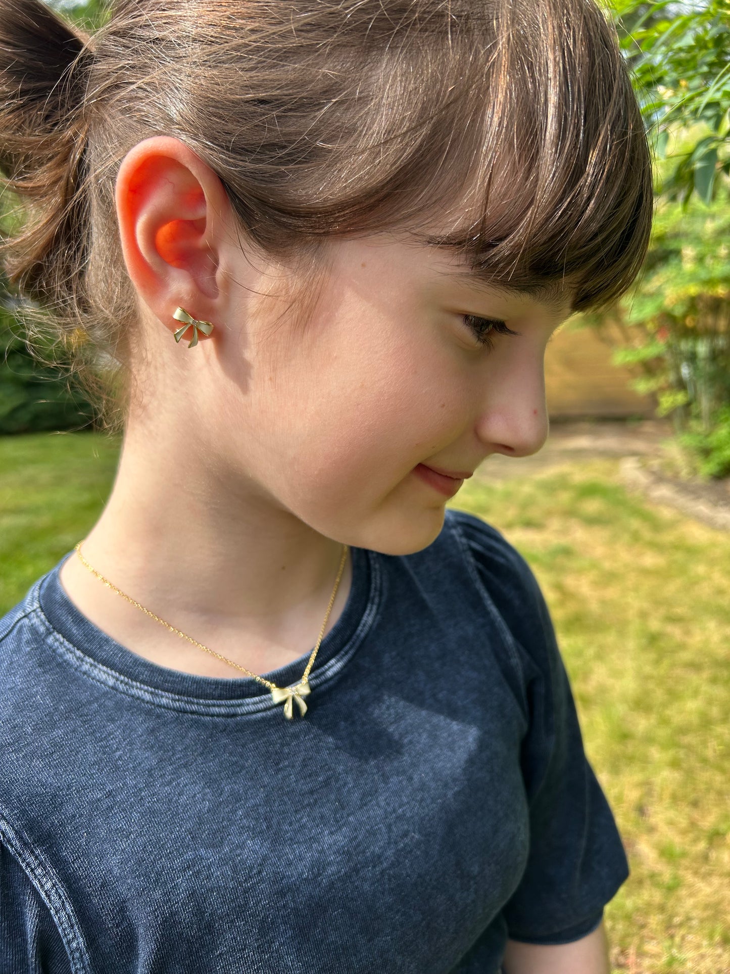 LMTS Classic! 14k Gold Plated Cz Center Enamel Bow Necklace