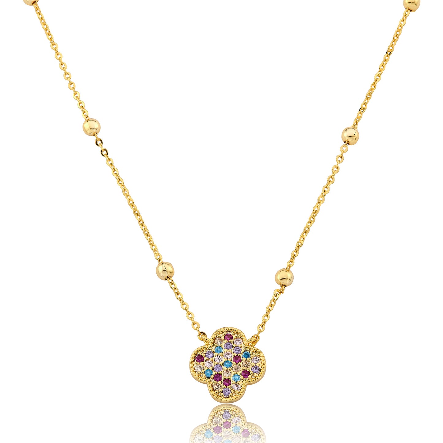 14K Gold Plated Pave CZ Clover Pendant On Bead Chain Necklace Wholesale