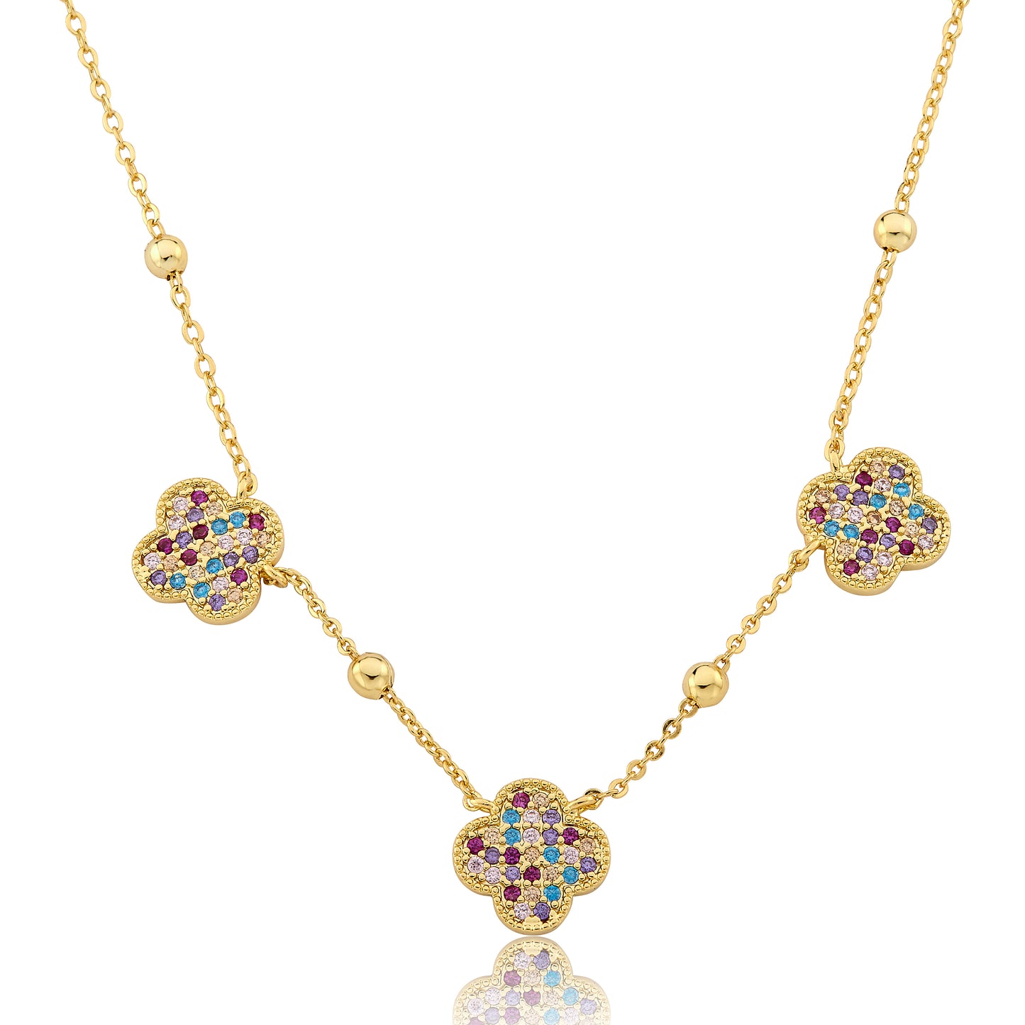 14K Gold Plated 3 Pave CZ Clover Pendants On Bead Necklace