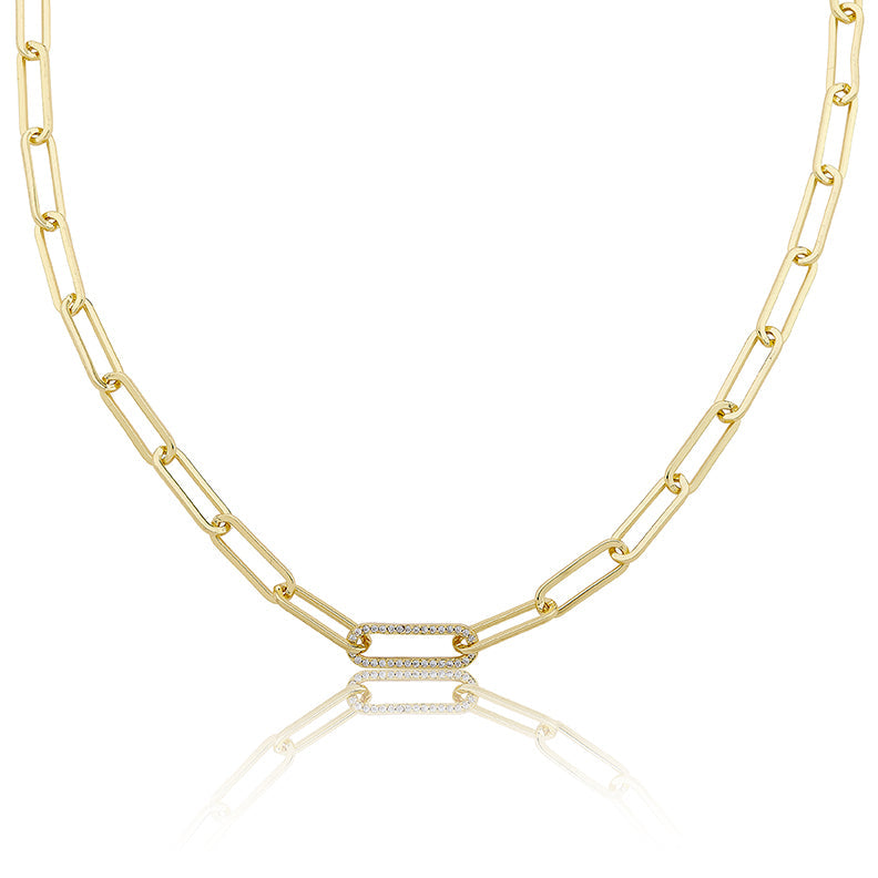 14K Gold Plated Links Chain Necklace With Pave Cz Center Link Wholesale