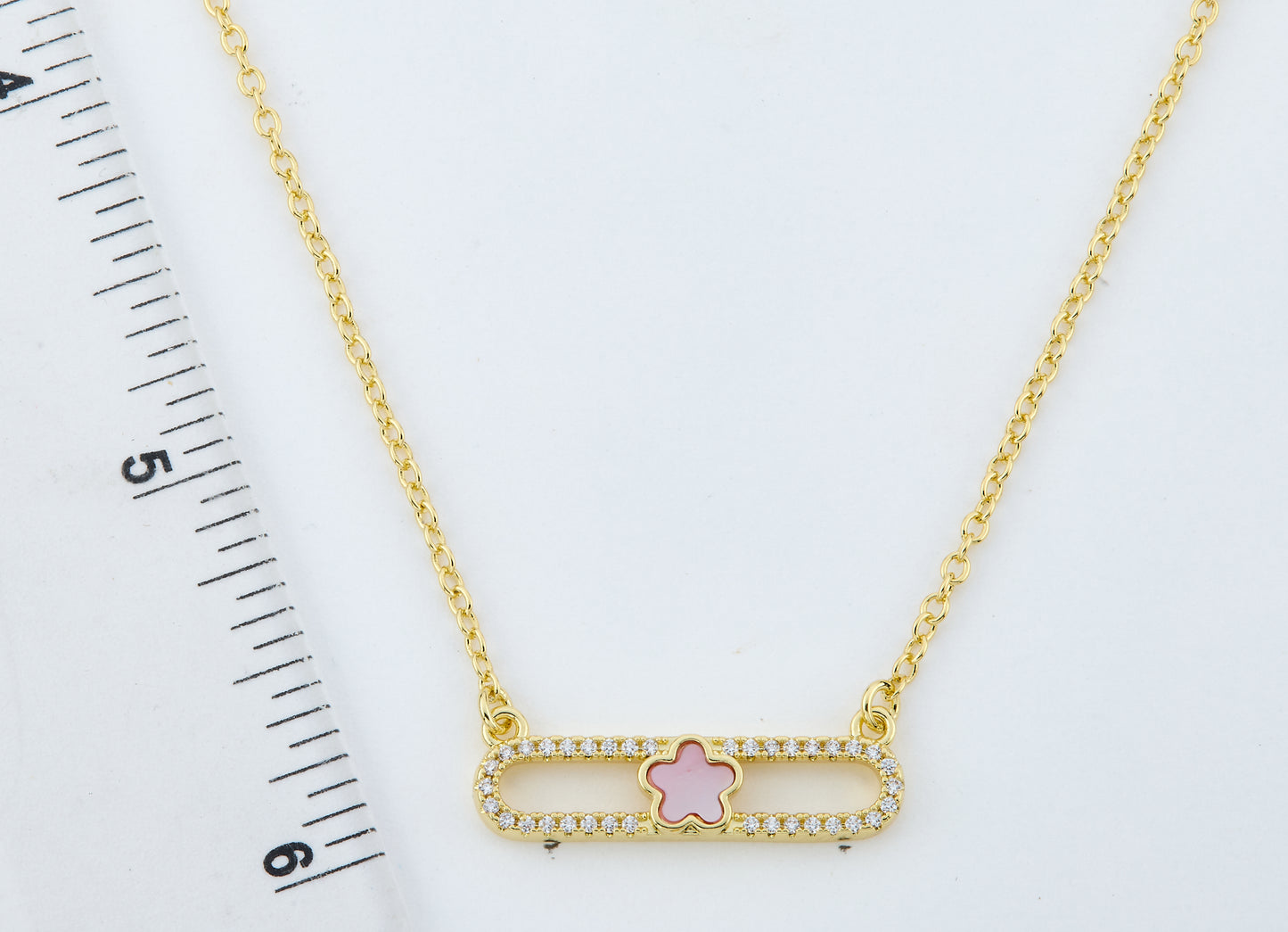 14K Gold Plated Necklace Accented With Cz & Mother Of Pearl Flower Bar Center Wholesale