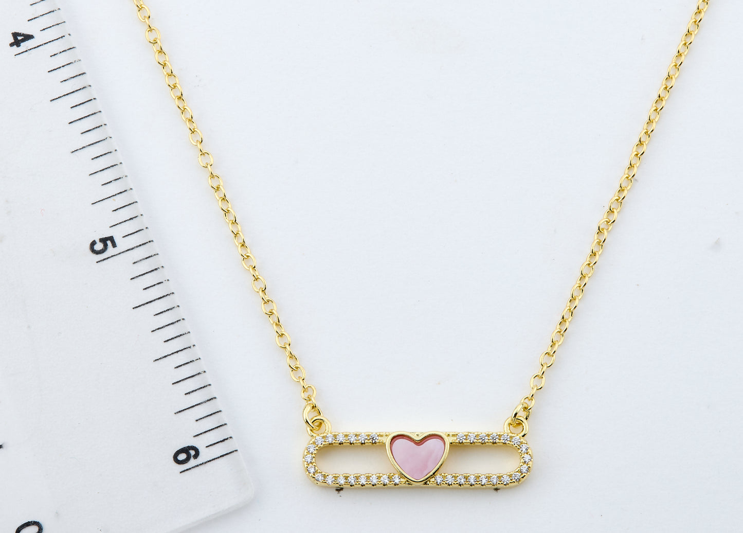 14K Gold Plated Necklace Accented With Cz & Mother Of Pearl Heart Bar Center Wholesale