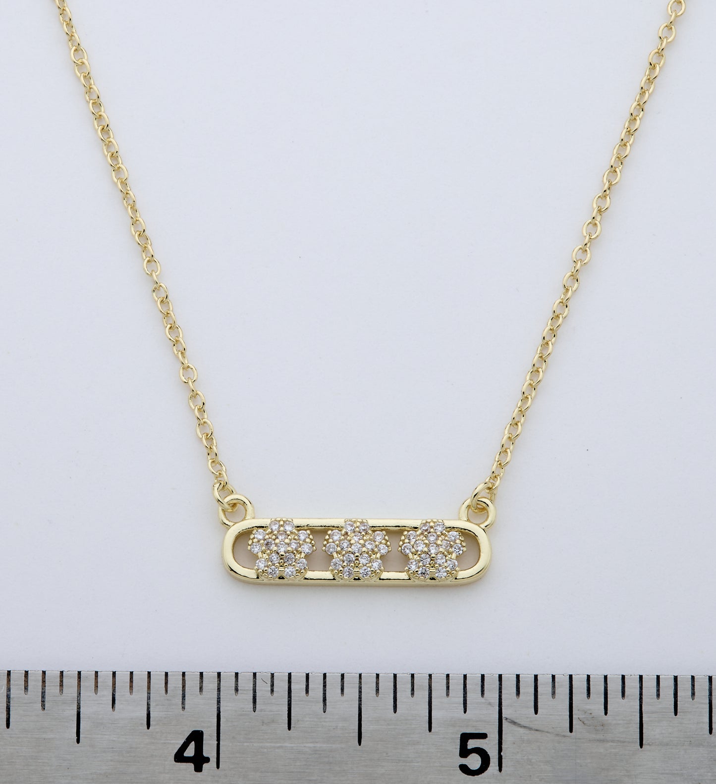 14K Gold Plated Necklace Accented With 3 Cz Flowers Bar Center