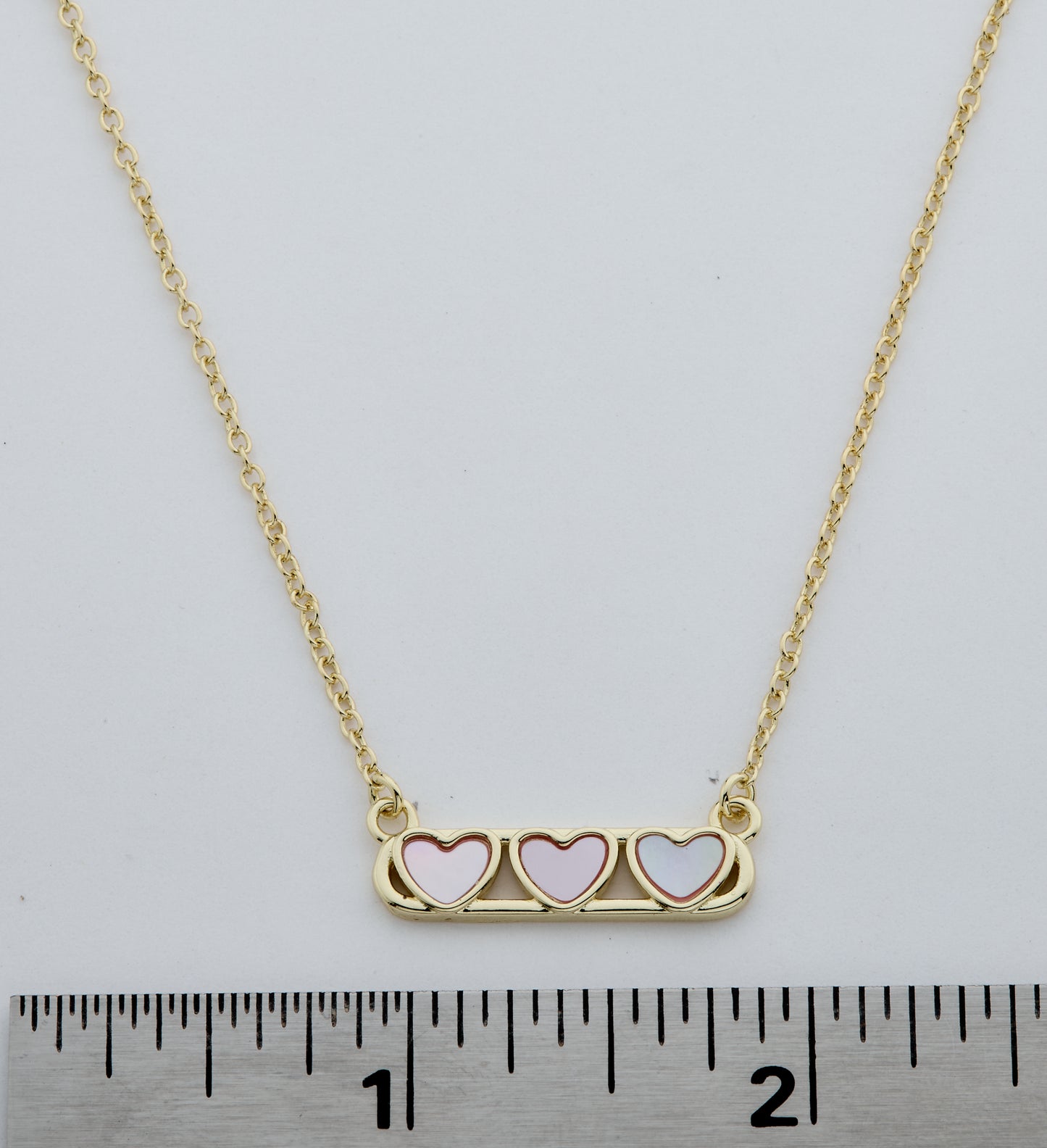 14K Gold Plated Necklace Accented With 3 Mother Of Pearl Hearts Bar Center Wholesale