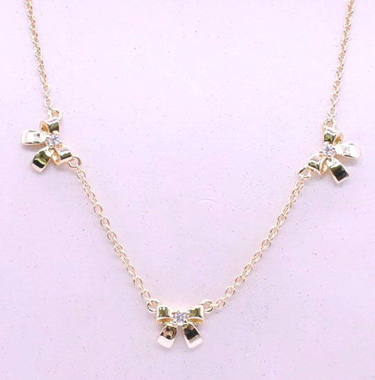 14k Gold Plated Cz Center Triple Bow Chain Necklace Wholesale