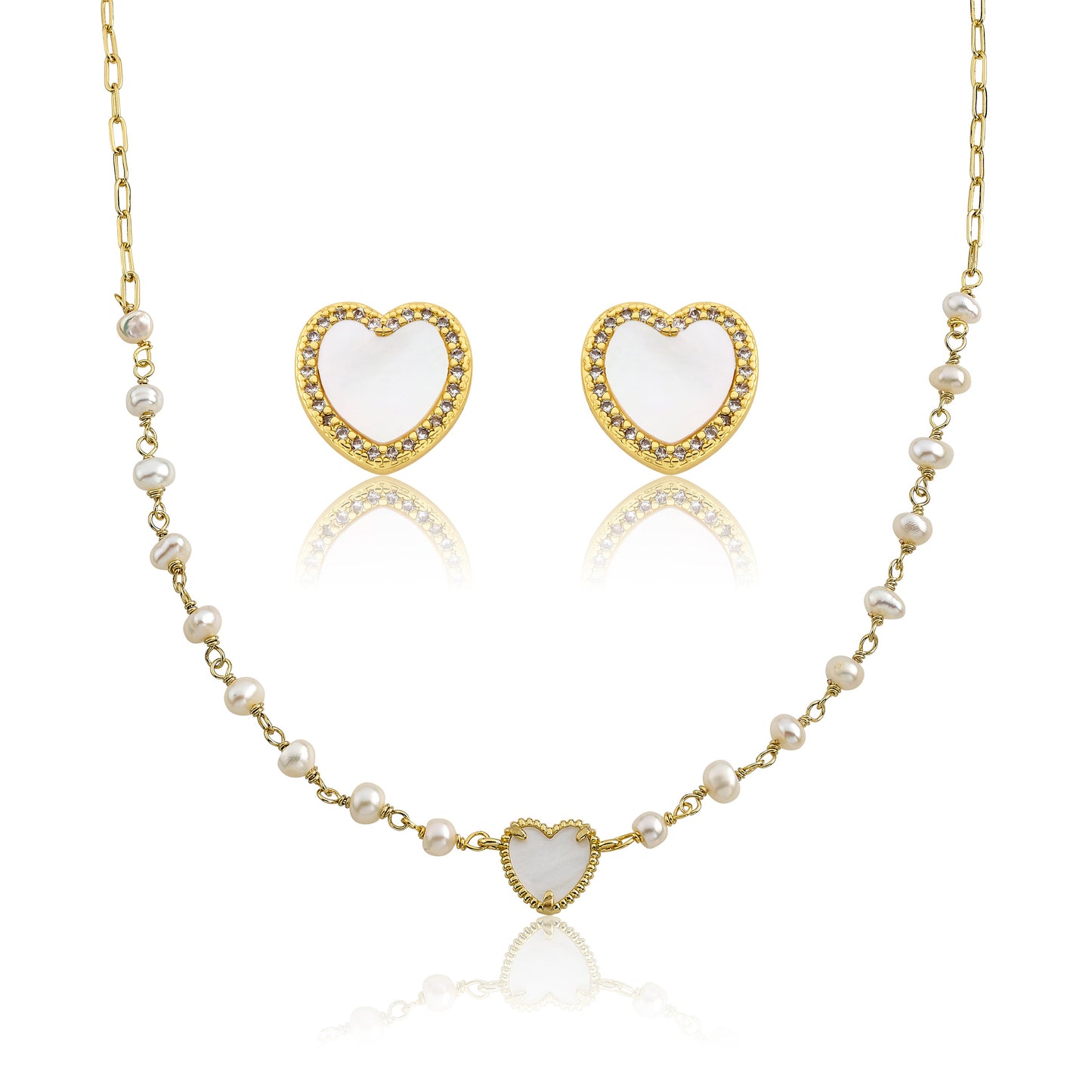 14K Gold Plated Mother of Pearl & Freshwater Pearl Heart Earring Necklace Set Wholesale