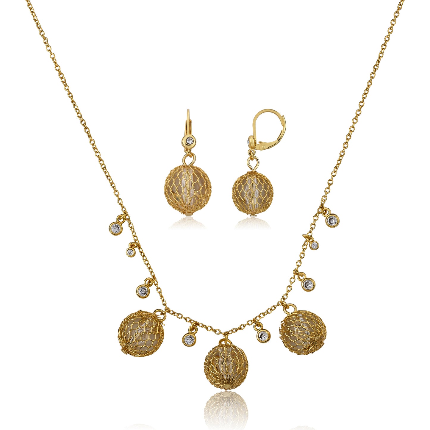14K Gold Plated Mesh Over Crystal Balls Earring Necklace Set Wholesale