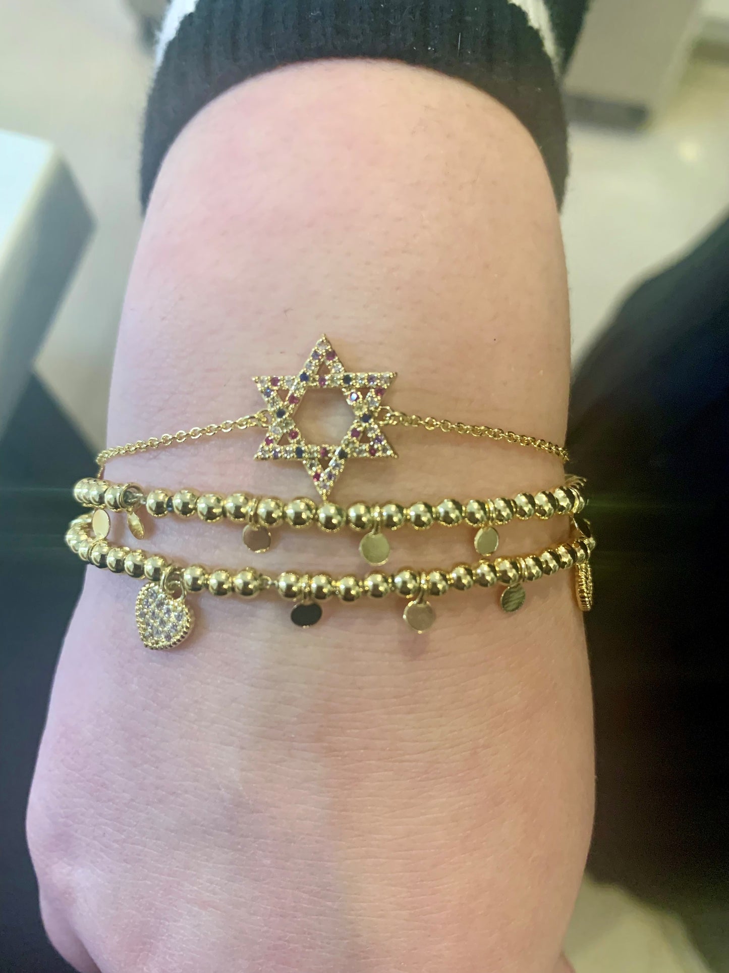 LMTS Classic! Bead & Disc Dangles Cz Hearts Bracelet
