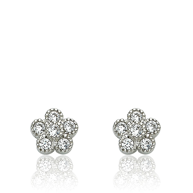 LMTS Little Miss Flower Girl Rhodium Plated Cubic Zirconia Small Flower Stud Earring/ Brass